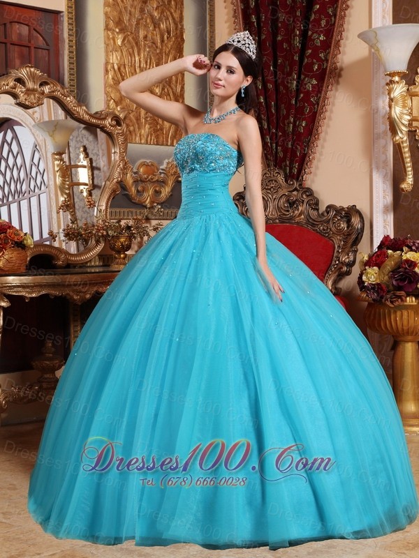 Puffy Teal Tulle Quinceanera Dress Embroidery Bead