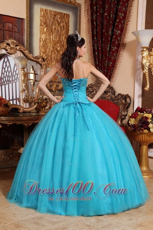Puffy Teal Tulle Quinceanera Dress Embroidery Bead