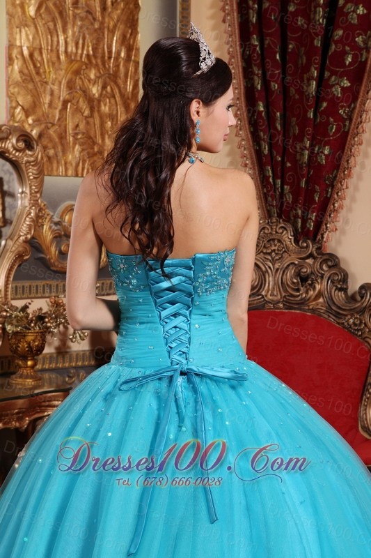 Puffy Teal Tulle Quinceanera Dress Embroidery Bead