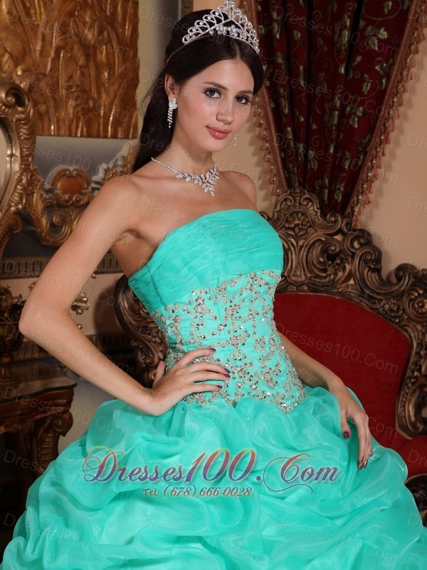 2013 Turquoise Quinceanera Dress Appliques Pick-up
