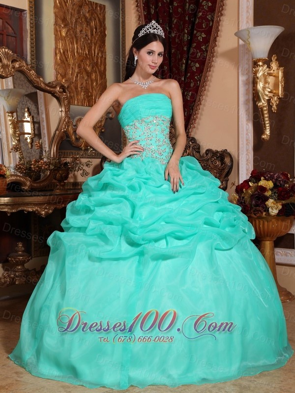2013 Turquoise Quinceanera Dress Appliques Pick-up