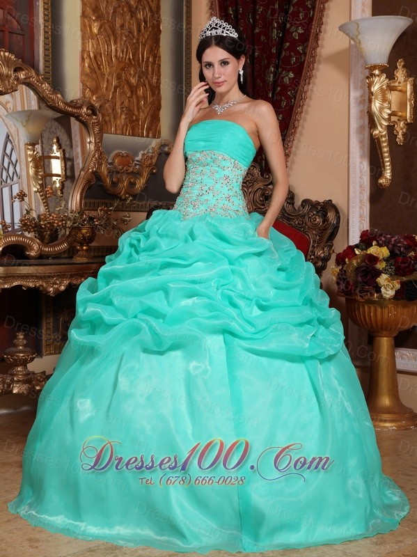 2013 Turquoise Quinceanera Dress Appliques Pick-up