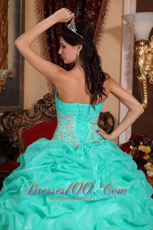 2013 Turquoise Quinceanera Dress Appliques Pick-up