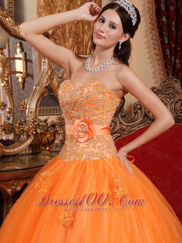 Orange Tulle Quinceanera Dress Appliques Sash
