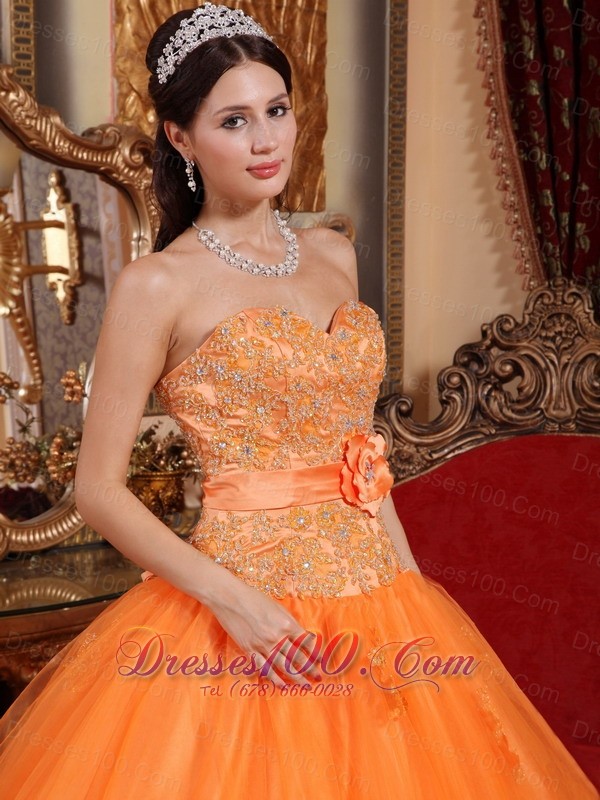 Orange Tulle Quinceanera Dress Appliques Sash