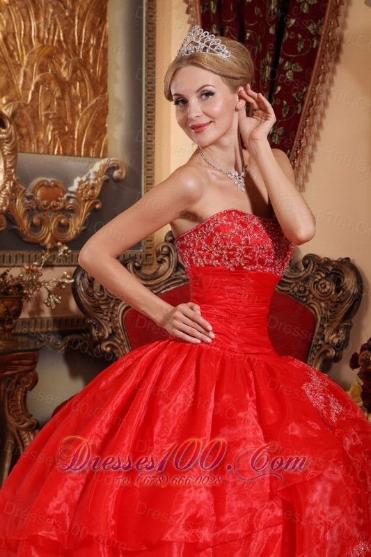 Pretty Red Quinceanera Dress Appliques Organza