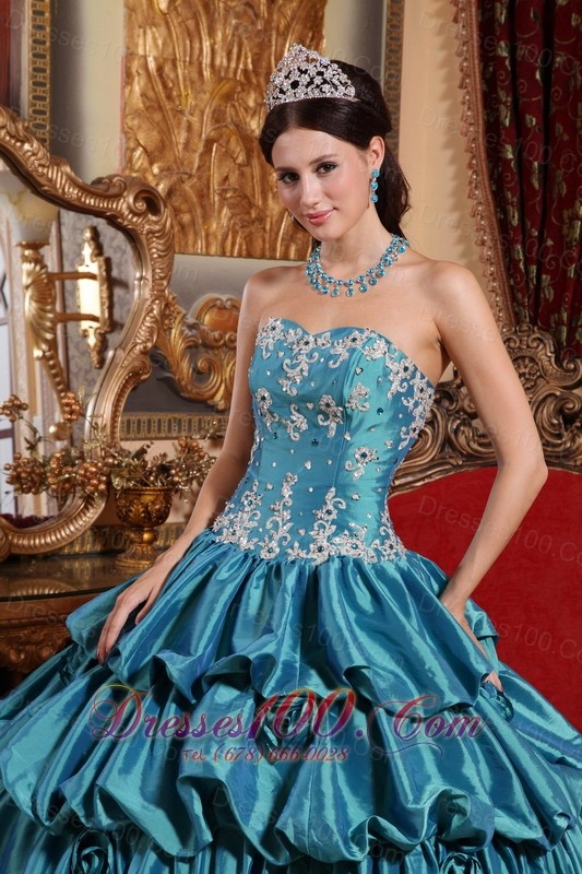 2013 Teal Quinceanera Dress Appliques Pick-ups