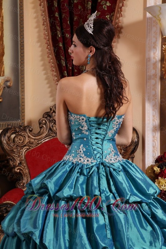 2013 Teal Quinceanera Dress Appliques Pick-ups