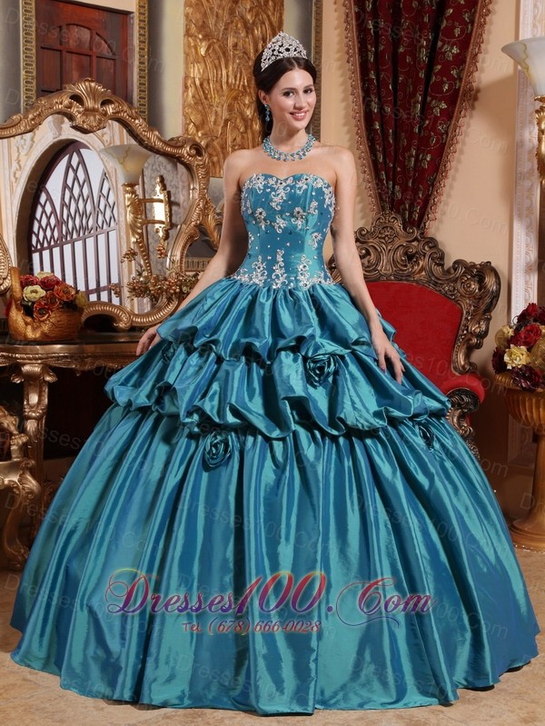2013 Teal Quinceanera Dress Appliques Pick-ups