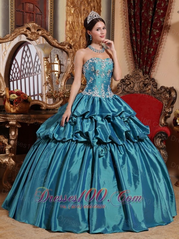 2013 Teal Quinceanera Dress Appliques Pick-ups