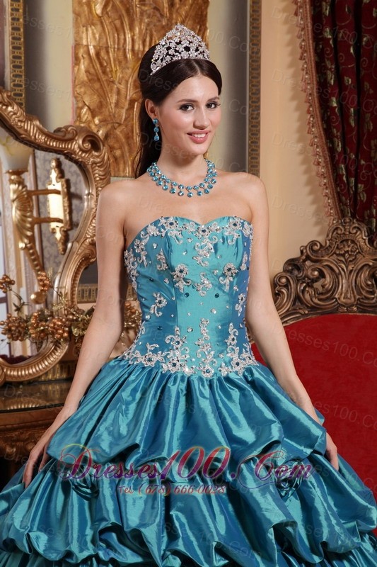 2013 Teal Quinceanera Dress Appliques Pick-ups