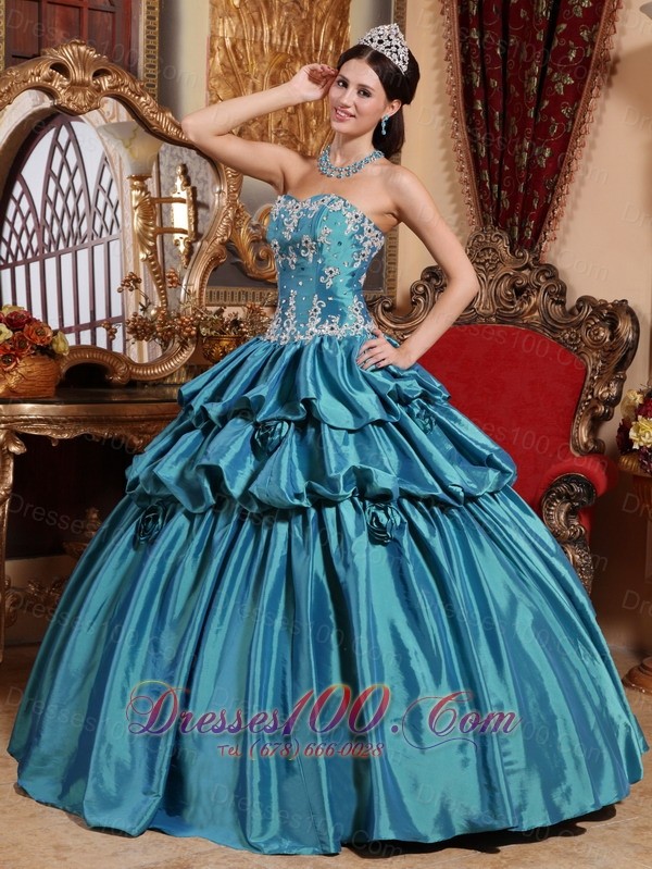 2013 Teal Quinceanera Dress Appliques Pick-ups