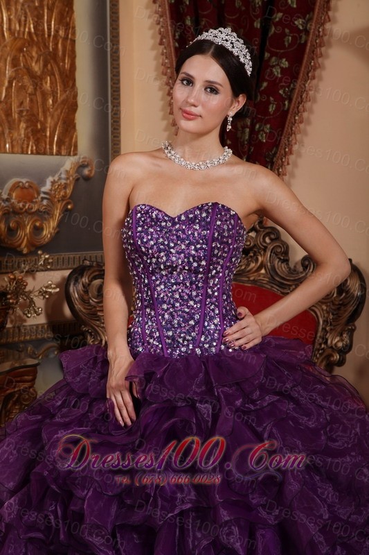 Cheap Dark Purple Quinceanera Dress Sequins Ruffles Organza