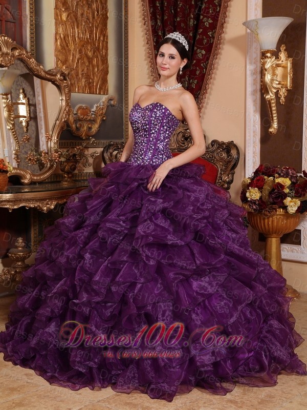 Cheap Dark Purple Quinceanera Dress Sequins Ruffles Organza