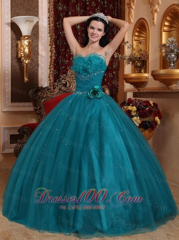 Dark Green Bead Handle Flowers Quinceanera Dress Sweetheart
