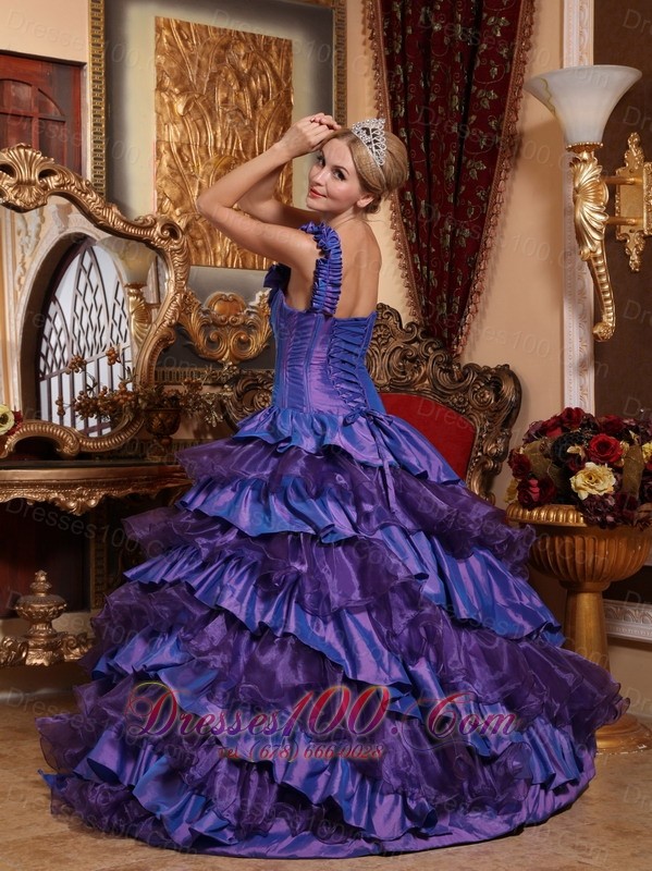 Purple Quinceanera Dress One Shoulder Hand Flowers Ruffles