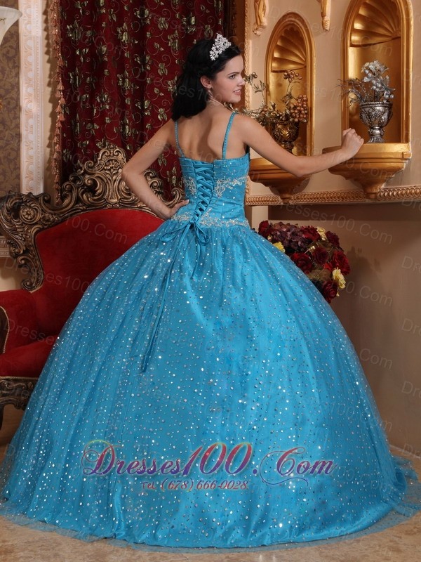 Blue Spaghetti Straps Sequined Bead Quinceanera Dress Appliques