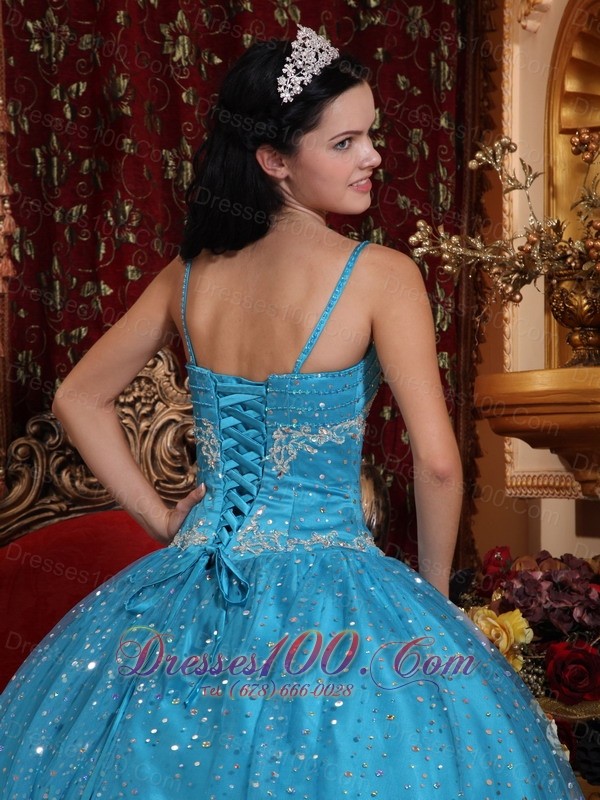 Blue Spaghetti Straps Sequined Bead Quinceanera Dress Appliques
