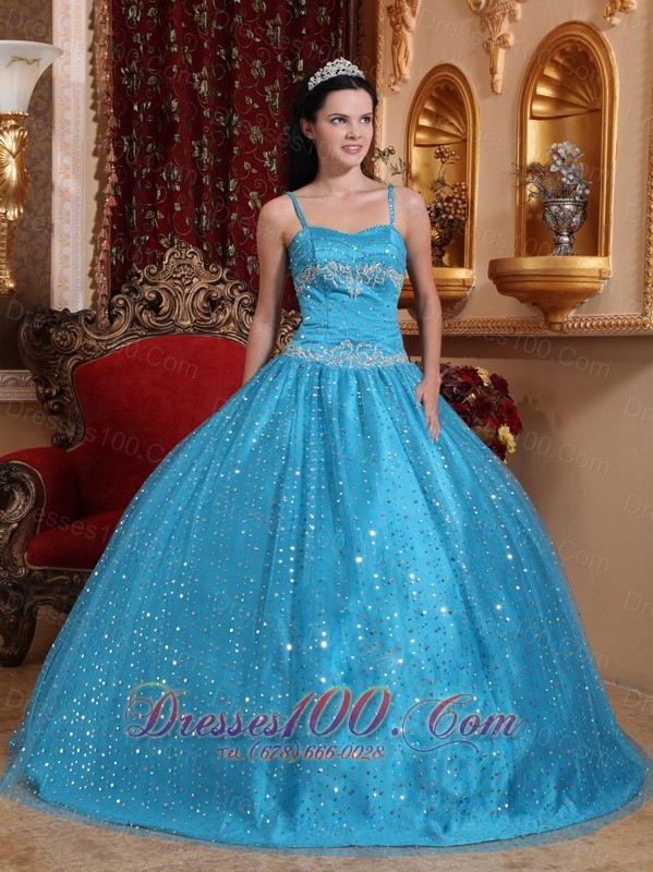 Blue Spaghetti Straps Sequined Bead Quinceanera Dress Appliques