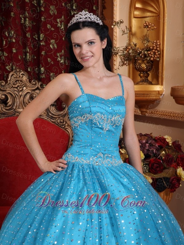 Blue Spaghetti Straps Sequined Bead Quinceanera Dress Appliques