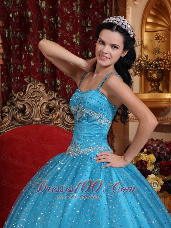 Blue Spaghetti Straps Sequined Bead Quinceanera Dress Appliques