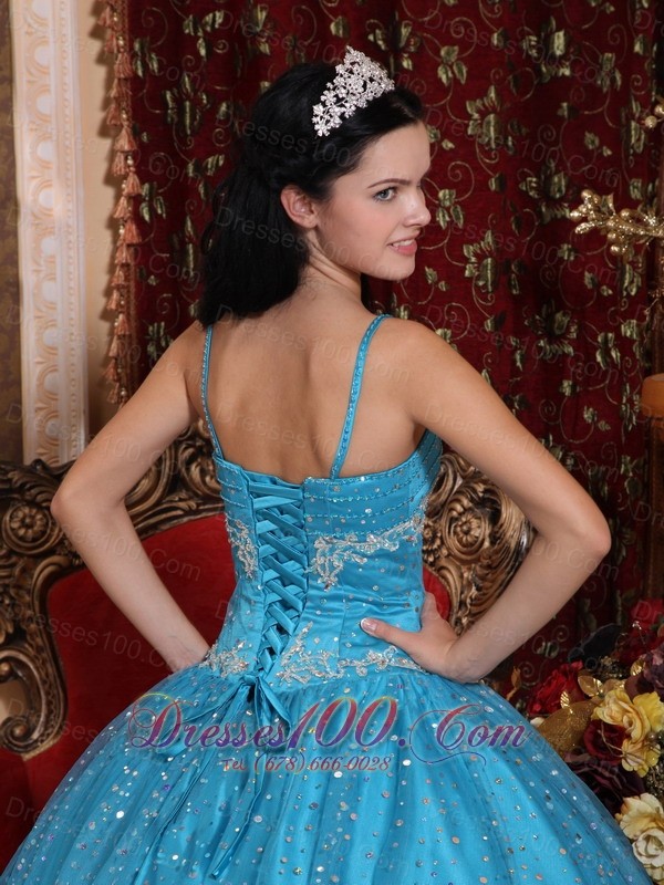 Blue Spaghetti Straps Sequined Bead Quinceanera Dress Appliques