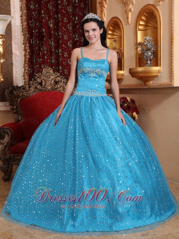 Blue Spaghetti Straps Sequined Bead Quinceanera Dress Appliques