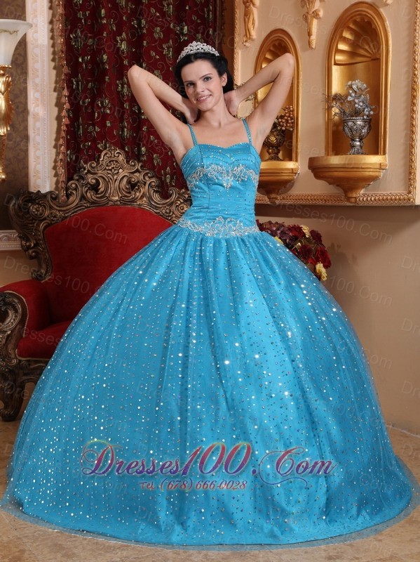 Blue Spaghetti Straps Sequined Bead Quinceanera Dress Appliques