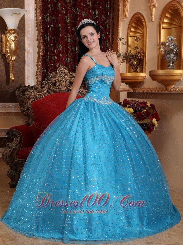 Blue Spaghetti Straps Sequined Bead Quinceanera Dress Appliques
