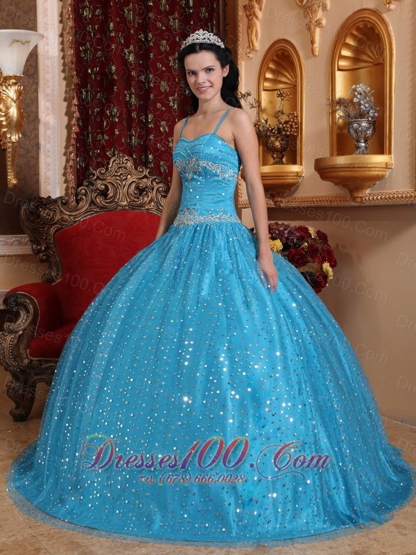Blue Spaghetti Straps Sequined Bead Quinceanera Dress Appliques