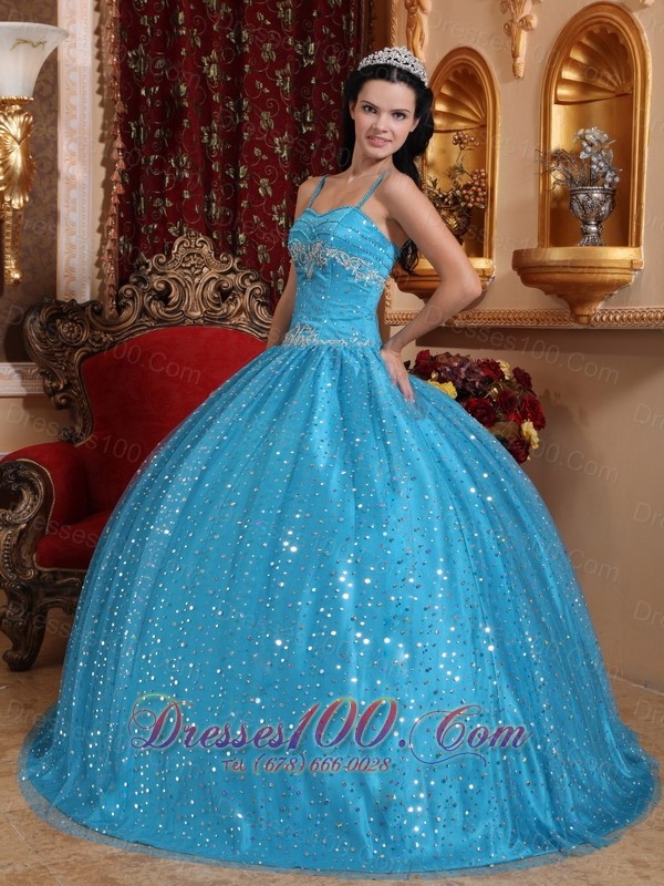 Blue Spaghetti Straps Sequined Bead Quinceanera Dress Appliques