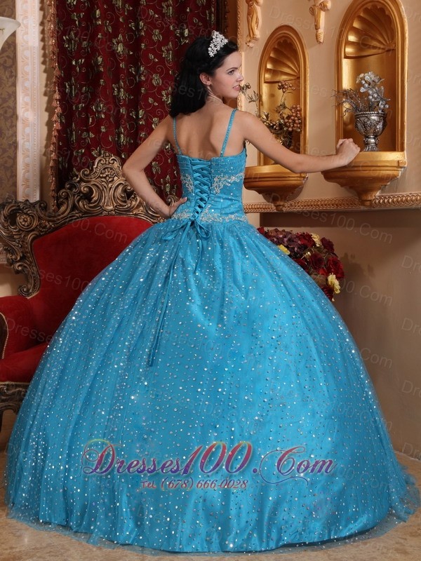 Blue Spaghetti Straps Sequined Bead Quinceanera Dress Appliques
