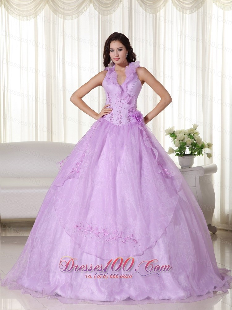 Lavender Quinceanera Dress Halter Embroidery Beading
