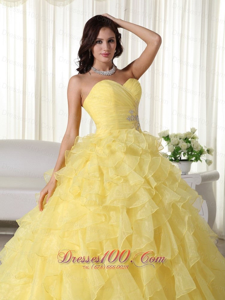 Yellow Appliques Beading Quinceanera Dress Zipper-up Sweetheart
