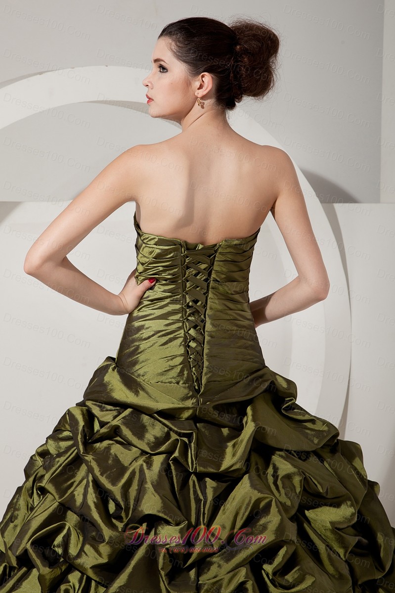 Olive Green A-line Sweet 16 Dress Brush Train Beading Pick-ups