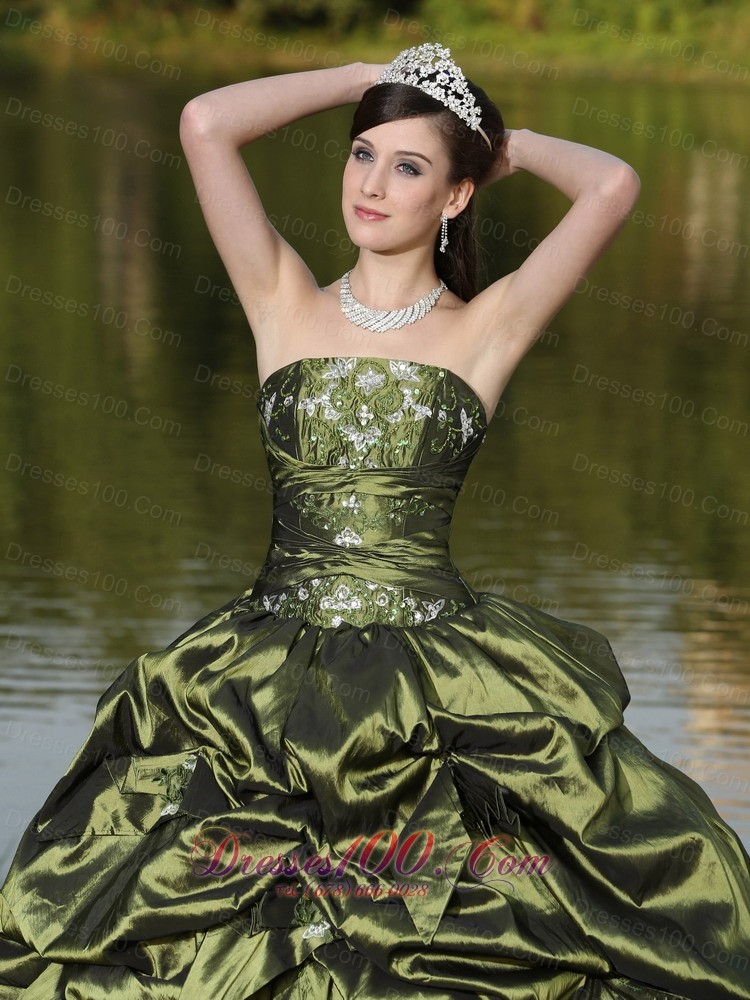 Olive Green Quinceanera Dress Beading Strapless Pick-ups