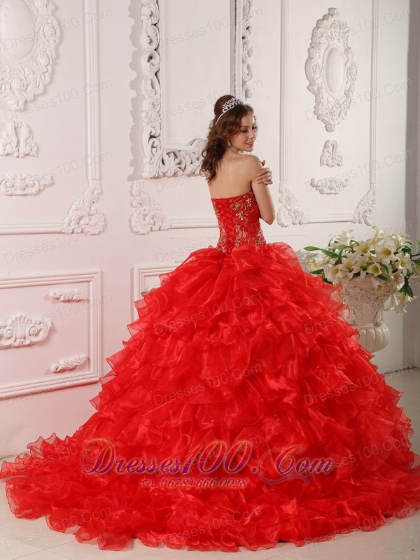 Informal Red Quinceanera Dress Organza Ruffles