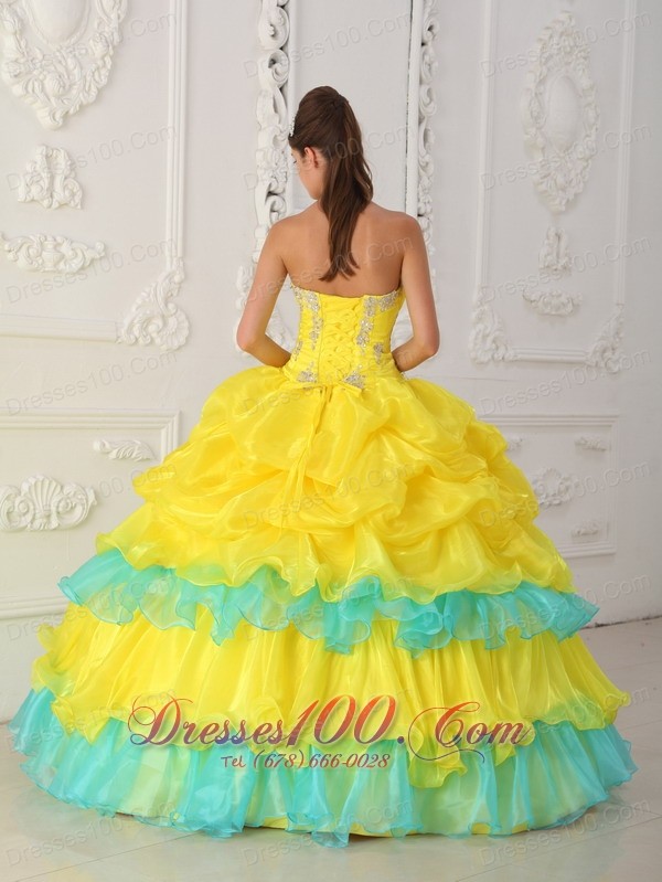 Yellow and Green Quinceaneras Dress Beading Decorate
