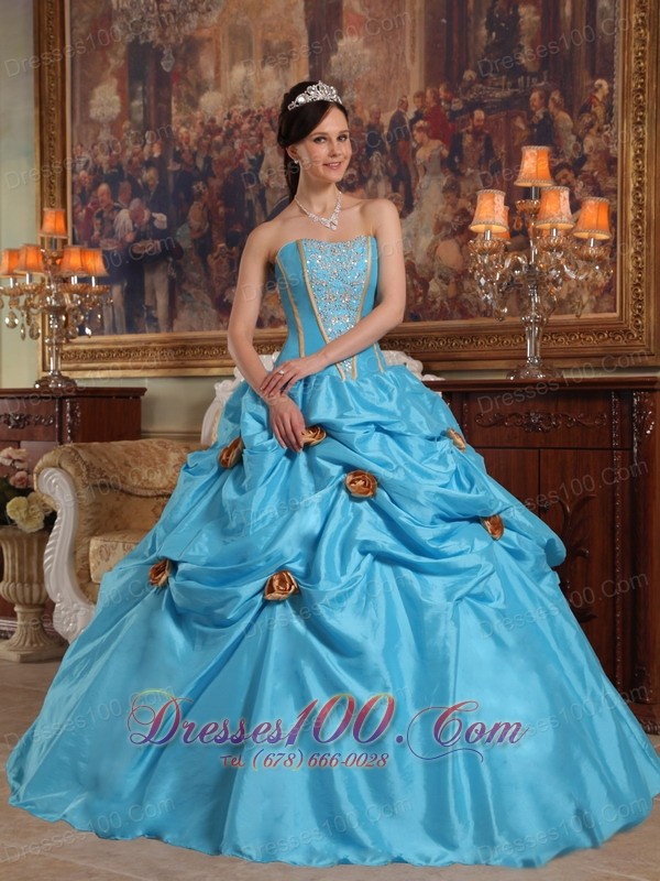 Sky Blue Quinceanera Gown Hand Made Flowers Pick-ups