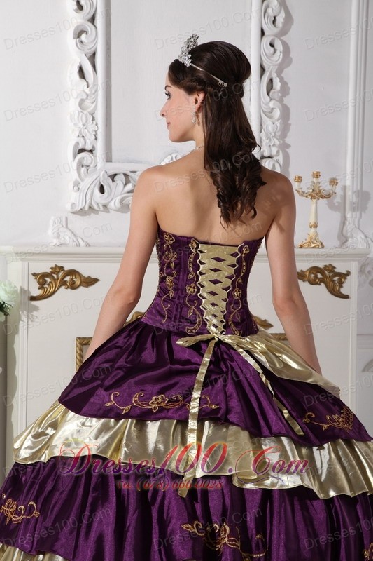 Purple and Gold Quinceanera Dress Strapless Taffeta Embroidery