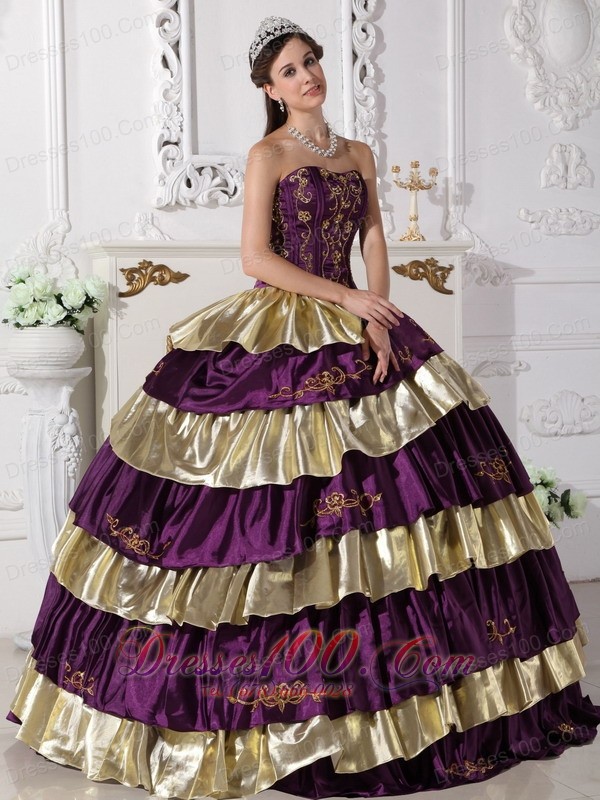 Purple and Gold Quinceanera Dress Strapless Taffeta Embroidery