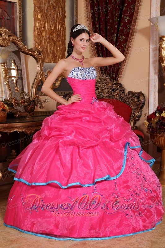 Rose Pink Quinceanera Dress Strapless Organza Appliques