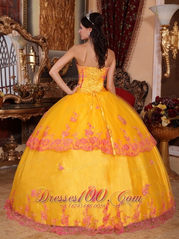 Yellow Quinceanera Dress Strapless Organza Lace Appliques