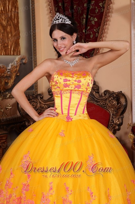 Yellow Quinceanera Dress Strapless Organza Lace Appliques
