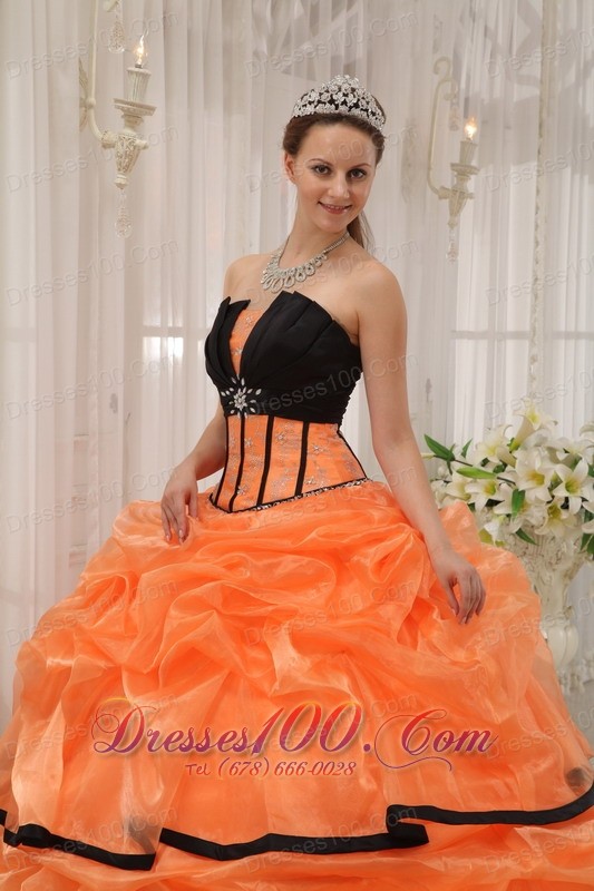 Pretty Orange Black Quinceanera Dress Strapless Satin