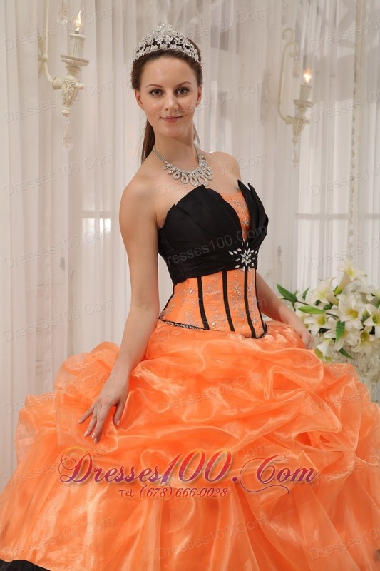 Pretty Orange Black Quinceanera Dress Strapless Satin