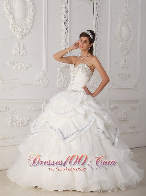 White Quinceanera Dress Sweetheart Organza Taffeta Beading