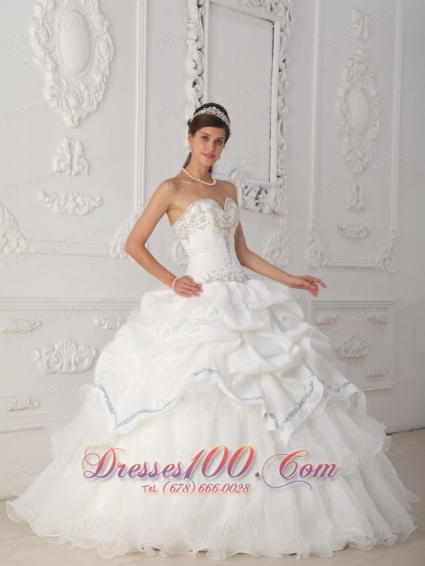 White Quinceanera Dress Sweetheart Organza Taffeta Beading