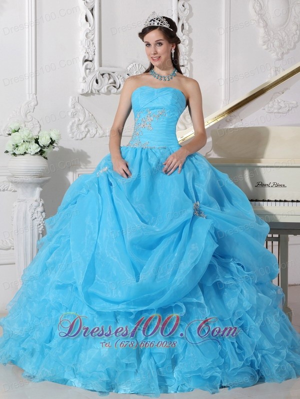 Blue Strapless Organza Beading Quinceanera Dress