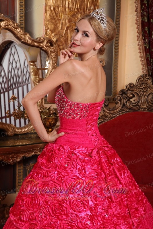Red Quinceanera Dress Strapless Roling Flowers Beading